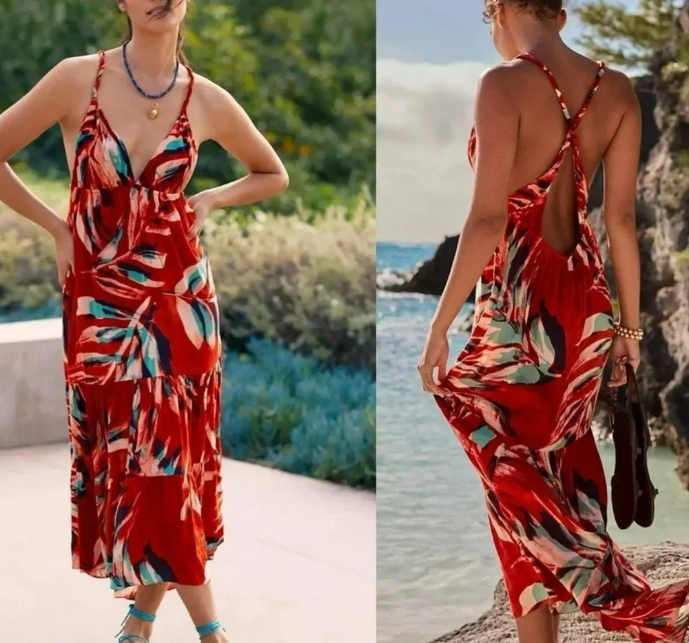 Anthropologie Red Tropical Print Midi Dress